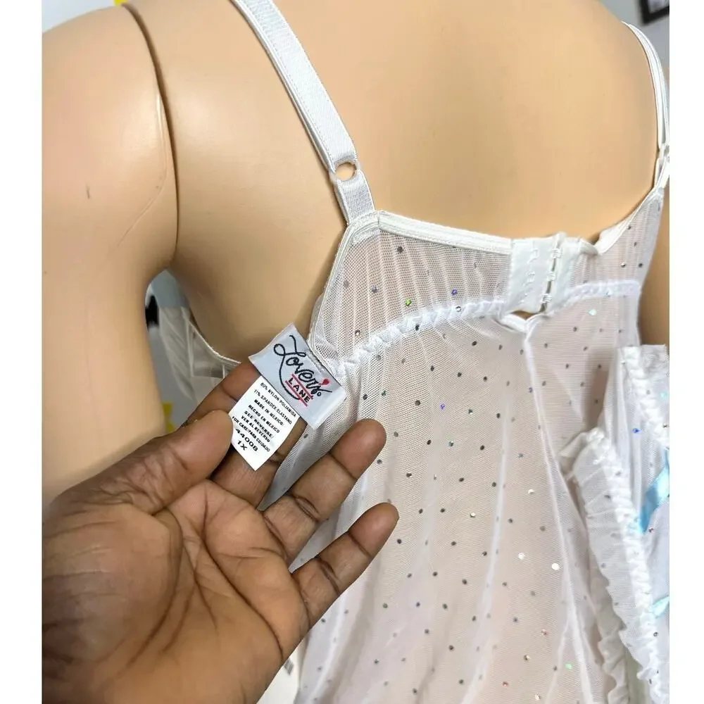 Escante Lover’s Lane Women’s Lingerie Sequin Cami‎ Set Blue Ribbon Size 1x White - Picture 11 of 12